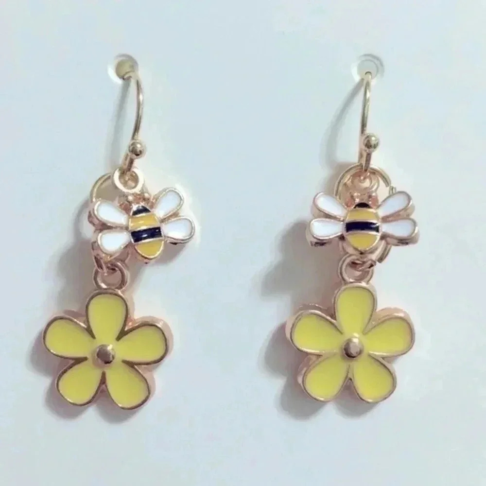 Yellow Bee & Flower Enamel Gold Drop Earrings NWT